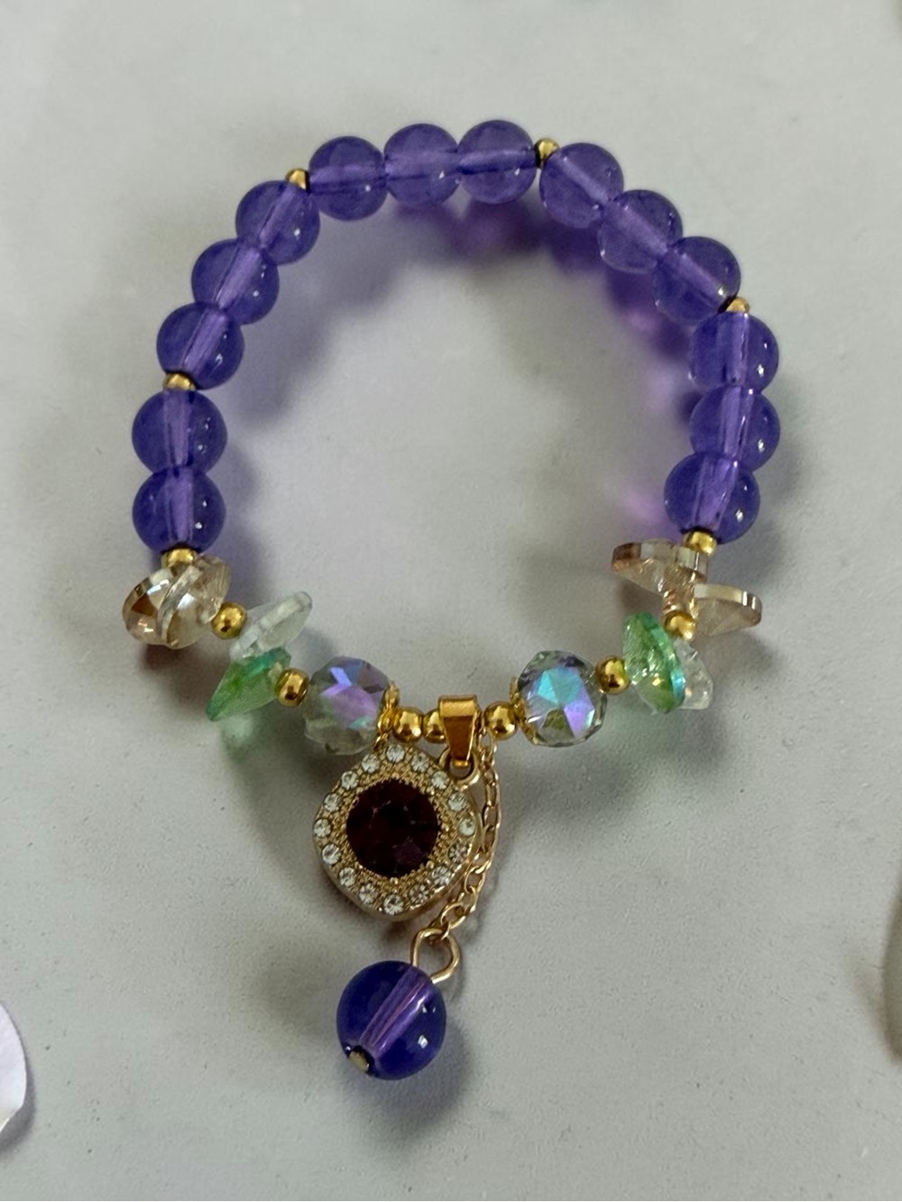 Purple Beaded Charm Bracelet with Gold Accents
